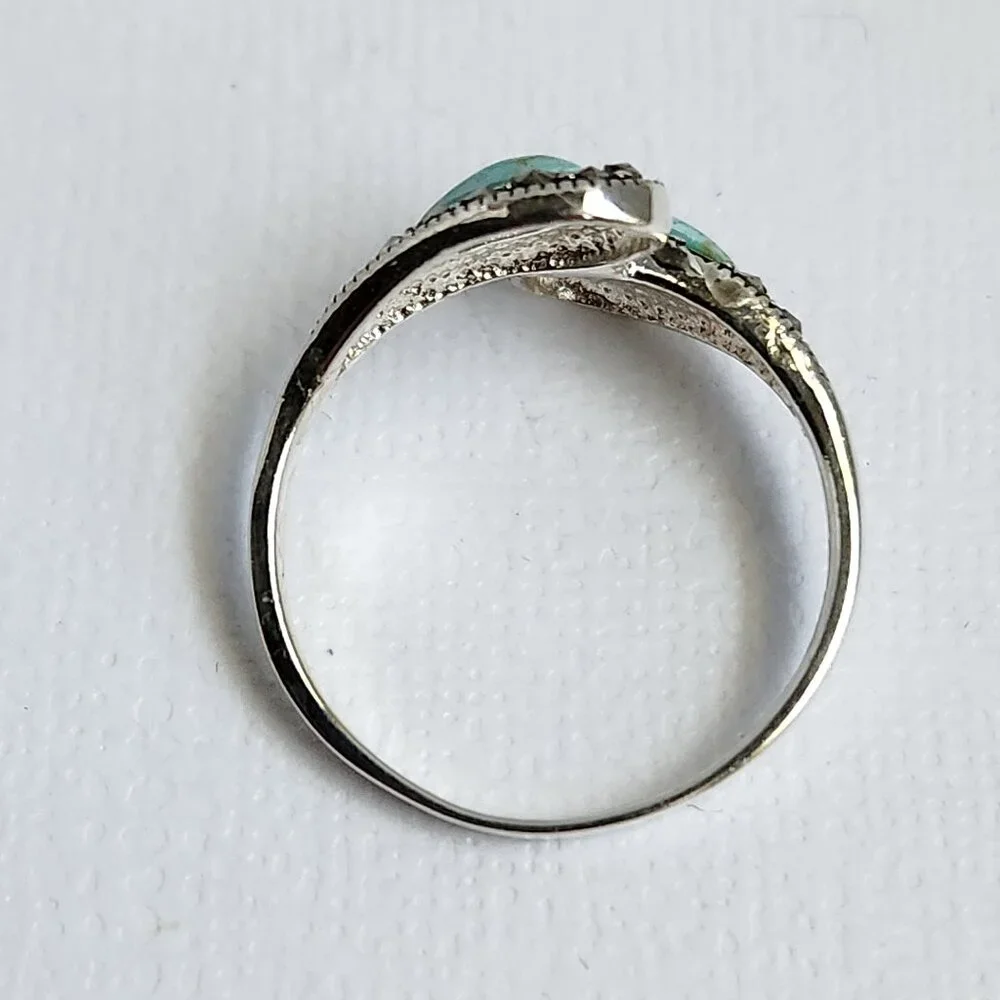 1990's Signed 925 Silver Classic Turquoise & Marcasite Ring Size 7 - Picture 7 of 12